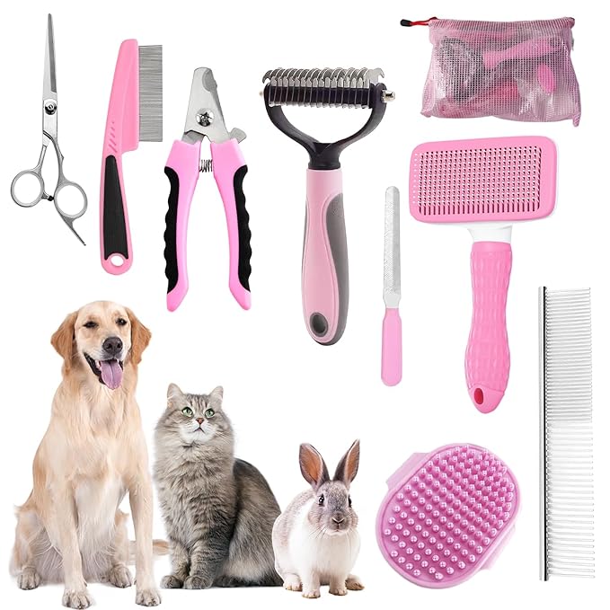 Dog Brush for Shedding,9 PCS in One Pet Slicker Hair Brush Kit with Pet Nail Clipper and File - Dog Cat Grooming Deshedding Undercoat Rake Brush Comb for All Small Large Dogs Cats Pink-Mewly Pet