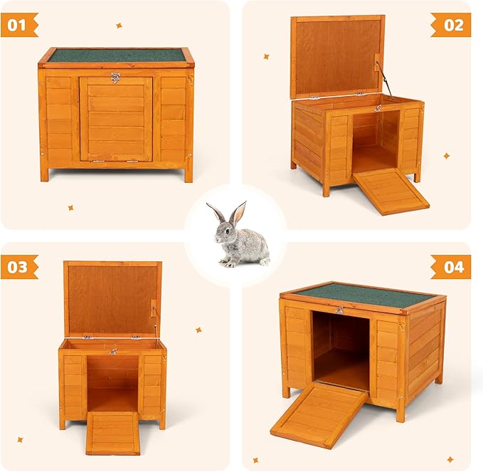 COZIWOW 24inches Wooden Catio Outdoor Cat House Small Animal House，Rabbit Hutch Indoor，Stable Weatherproof Bunny Cage Pet Shelter for Small Cat Dog Rabbit Guinea Pig(Orange)-Mewly Pet