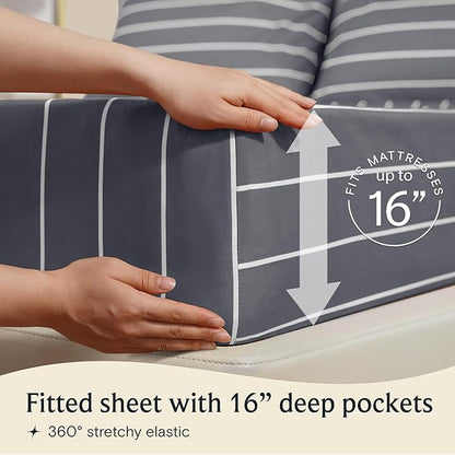 LuxClub 4 PC Queen Size Sheet Set Bed Sheets, Breathable Luxury Deep Pockets 16" Wrinkle Free Cooling Sheets Machine Washable Hotel Bedding (Queen, Striped Light Grey)