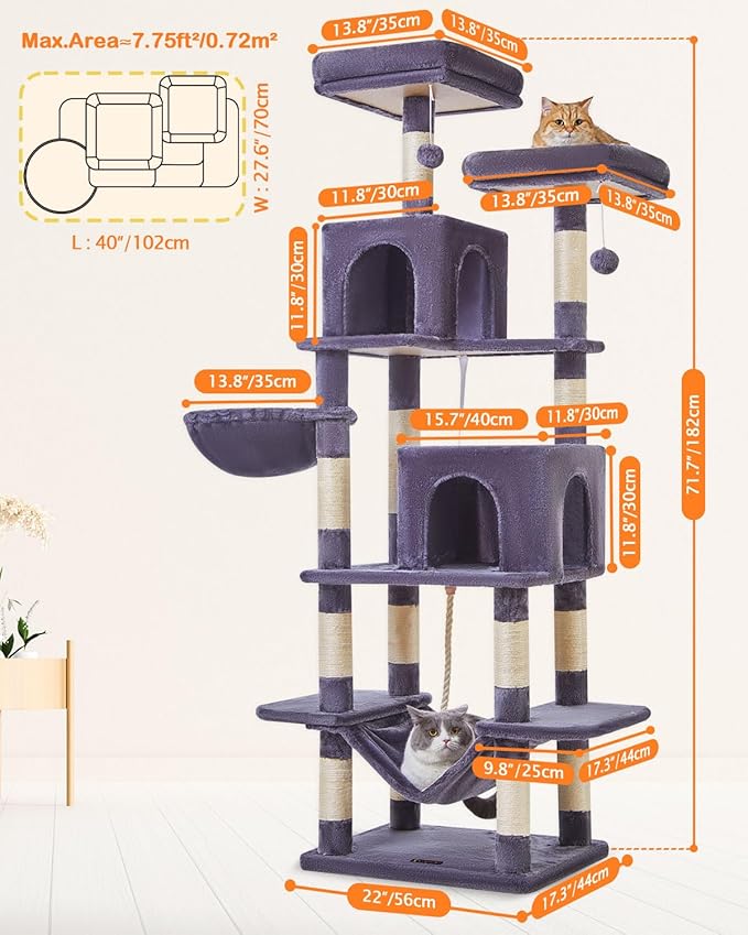 Taoqimiao Cat Tree, 71.7-Inch Cat Tower for Indoor Cats, Plush Multi-Level Cat Condo with 13 Scratching Posts, 2 Perches, 2 Caves, Hammock, 2 Pompoms,Smoky Gray MS013LG-Mewly Pet