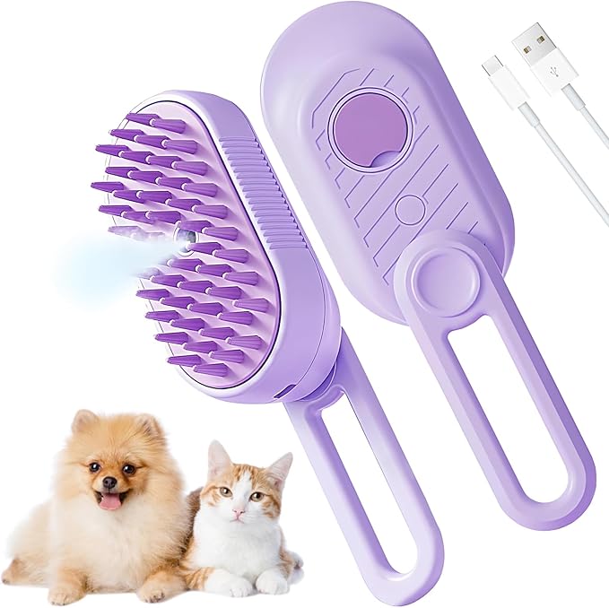 Cat Steam Brush for Shedding, 2025 New 4 in 1 Rechargeable Steam Pet Brushes for Cats & Dogs, Indoor Anti-static Pets Brush for Massage, Cleaning, Shedding & Combing Hair (Purple)-Mewly Pet