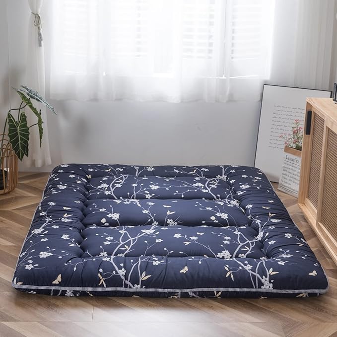 MAXYOYO Navy Floral Printed Japanese Floor Mattress Rustic Style Futon Mattress Foldable Bed Roll Up Camping Lounger Couches and Sofas Mattress Topper Twin Size