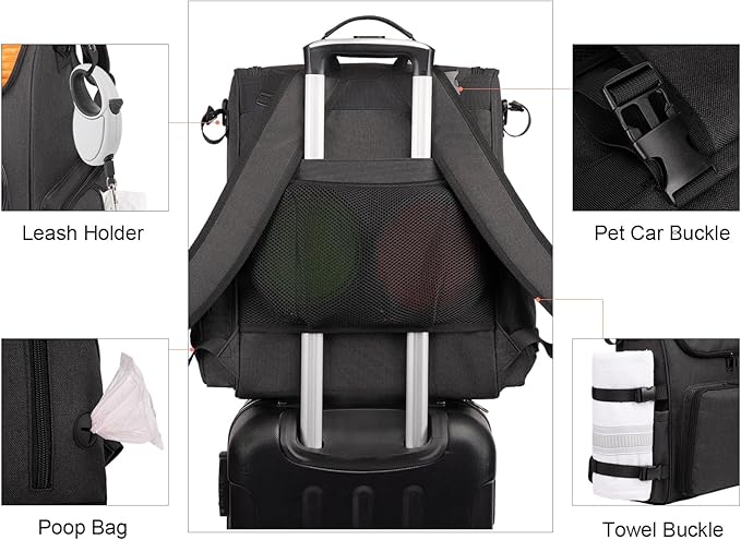 Modoker Dog Travel Bag Backpack, Airline Approved Pet Accessories Organizer for Dog and Cat with Shoulder Strap, 2 Dog Food Storage Containers, 2 Collapsible Dog Bowls,1 Pet Mat, Black-Mewly Pet