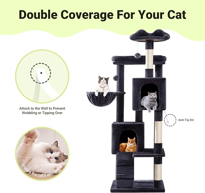 Allewie 64 Inches Cat Tree Tower/Multi-Level Activity Center for Indoor Big Felines/2 Plush Condos/2 Perchs/Basket/House/Sisal Scratching Posts/Hanging Cat Toys/Dark Grey-Mewly Pet