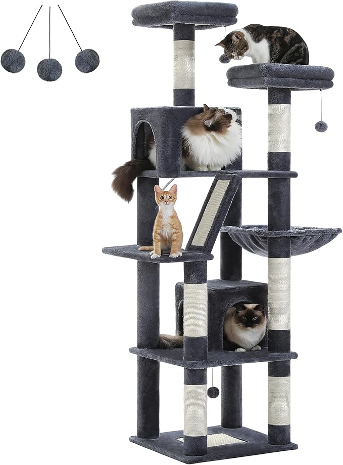 PAWZ Road 70 Inch Cat Tower, Tall Cat Tree with 2 Cozy Condos, 2 Plush Perch, Large Basket, 2 Scraching Pad & 6 Scraching Posts for Indoor Cats Large Adult, Dark Gray-Mewly Pet