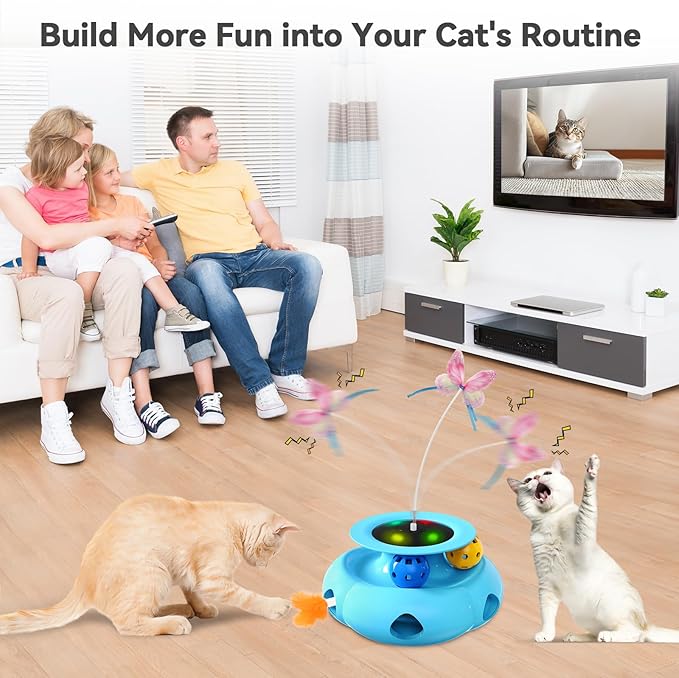 3in1 Interactive Cat Toys for Indoor Cats Rechargeable,Whack a Mole Cat Toy, Fluttering Butterfly, Track Balls, Automatic Kitten Toys Touch Activated, 2 Refill Feather-Mewly Pet