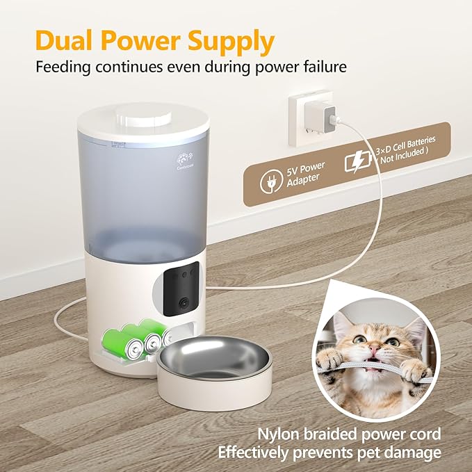 Automatic Cat Feeder with 1080P Camera, Two-Way Audio, APP Timed Auto Control Meals, 6L Dry Food Dispenser, 2.4G / 5G WiFi-Mewly Pet