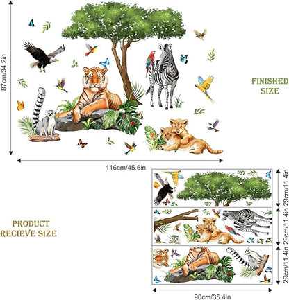 Jungle Safari Animal Wall Decals for Kids Room - Tiger Leopard Zebra Wildlife Wall Stickers Removable Vinyl Nursery Decor for Baby Toddlers Bedroom Classroom Playroom