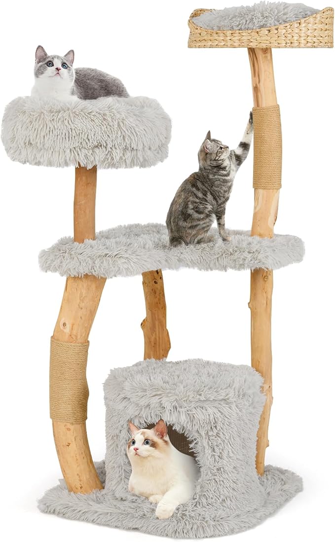 Tangkula Cat Tree Tower, Solid Wood Modern Cat Tower with Top Cattail Basket Bed, Side Perch, Large Platform & Cat Condo, Cute Cat Tree with Scratching Posts for Indoor Cats Large Adult-Mewly Pet