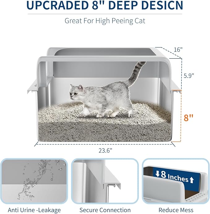 Stainless Steel Cat Litter Box 8 inch, XXL Large Cat Litter Tray with High Side, Platform Step and Scoop for Big Cats Multiple Cats, Easy Clean-Mewly Pet