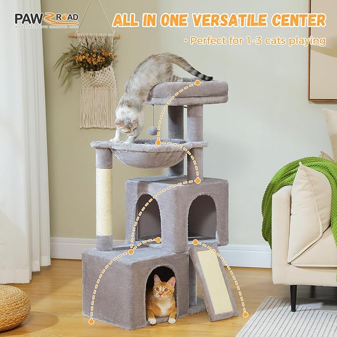 PAWZ Road Large Cat Tree, 41 Inches Multi-Level Cat Tower with 2 Spacious Condos for Indoor Cats, Large Cat House with Comfy Hammock, Padded Perch, Scratching Pad and Replaceable Balls-Gray-Mewly Pet