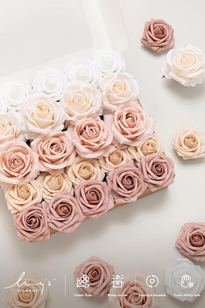 Ling's Moment Artificial Flowers Fake Silk Roses Faux Foam Flower Combo for DIY Wedding Bouquets Centerpieces Arrangements Bridal Shower Party Home Decorations, Dusty Rose & Cream, 23pcs