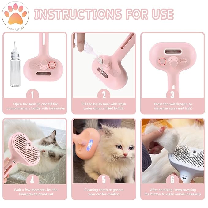 Cat steam brush – Effective Pet Brush for Indoor Cats, Steam Technology for Shedding, Mats & Grooming – Ideal cat brush indoor for Deep Cleaning (Pink)-Mewly Pet