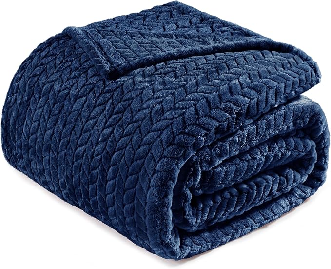 Exclusivo Mezcla Fleece Twin Size Blanket for Bed, 90x66 Inches Soft Cozy Jacquard Flannel Blankets, Lightweight Fuzzy Plush Warm for Winter, Navy Blue