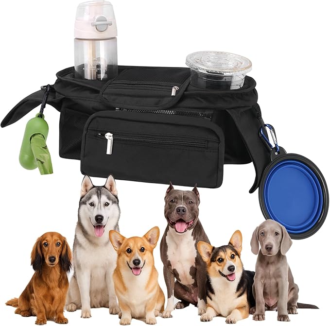 Dog Stroller Bag with Shoulder Strap, Universal Dog Stroller Caddy Organizer with Poop Bag Dispenser, Water Bowl, Insulated Cup Holders and Treat Pocket-Mewly Pet