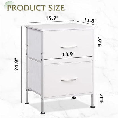 WLIVE White Nightstand, Night Stand with 2 Drawers, Small Dresser for Bedroom, Bedside Furniture, College Dorm, End Table with Fabric Bins, Dormitory, Size L