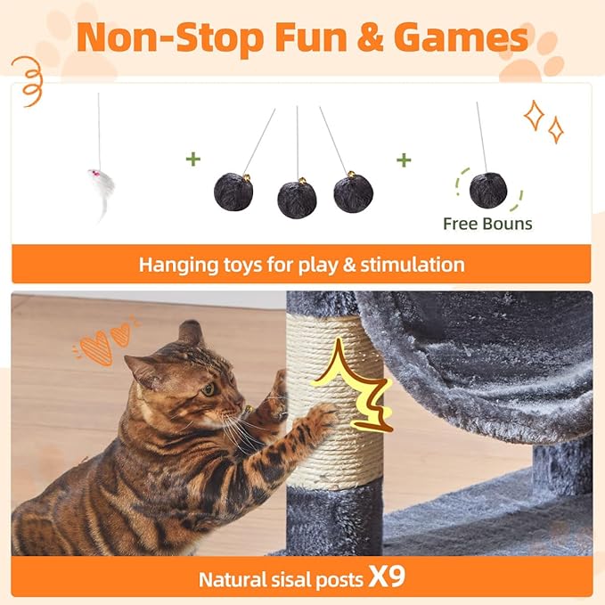 Taoqimiao Large Cat Tree，73-Inch Cat Tree Tower with 9 Scratching Posts for Indoor Cats, 2 Large Cat Condo with Hammock, Hanging Basket, 2 Extended Platform, Smoky Gray MS013XLG-Mewly Pet