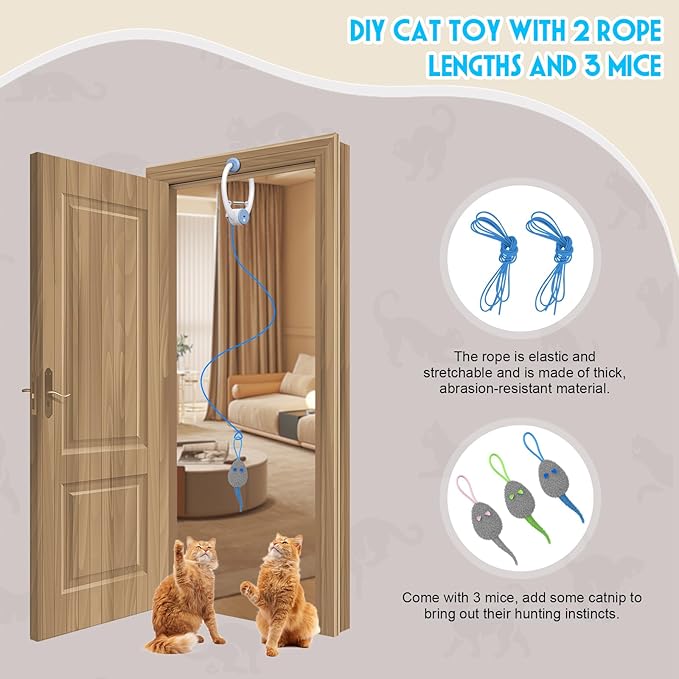 Cat Toy Interactive for Indoor Cats, Smart USB Rechargeable Door Hanging Automatic Retractable Kitten Toys, Teaser Electronic Self Play Feather Cat String Toy Attached with 3 Catnip Mice White-Mewly Pet