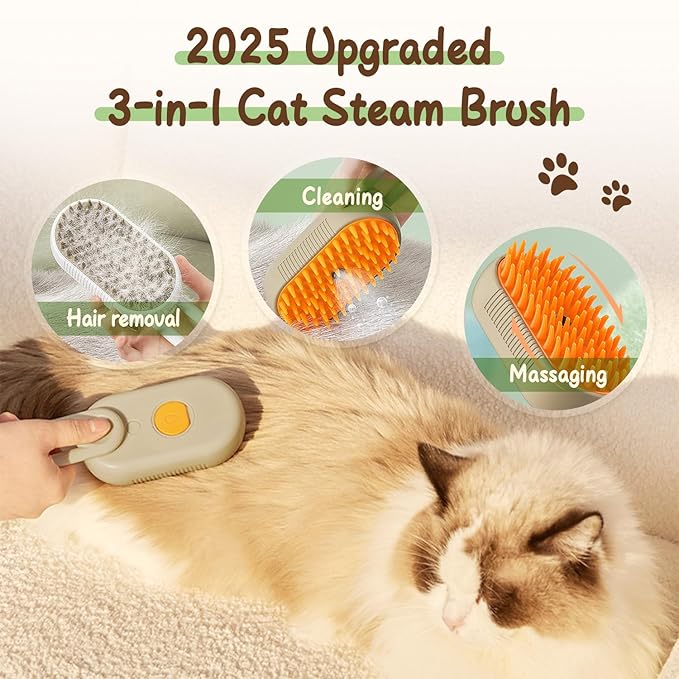 Upgrade Cat Steam Brush, 3 in 1 Pet Steam Groomer Brush, Rechargeable Pet Steam Groomer Comb for Massaging and Cleaning Shedding Pets Hair, Anti-Static Hair Removal Comb for Cats Dogs (White)-Mewly Pet