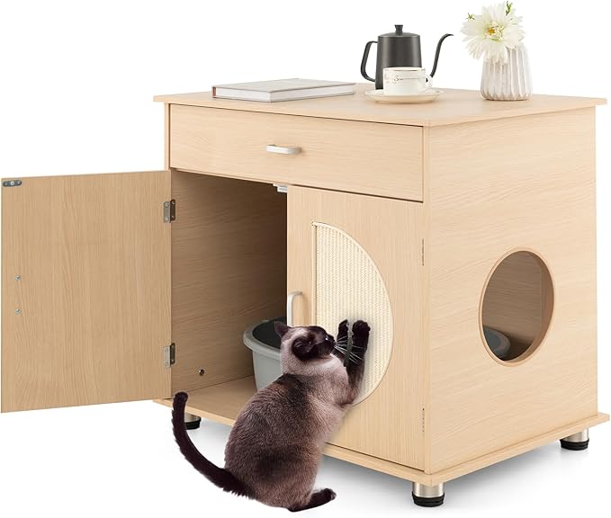 Tangkula Litter Box Enclosure, Hidden Cat Washroom with Drawer, Sisal Scratching Doors, Adjustable Metal Feet, Modern Cat Litter Cabinet Storage Bench, Double Enclosed Litter Box Furniture-Mewly Pet