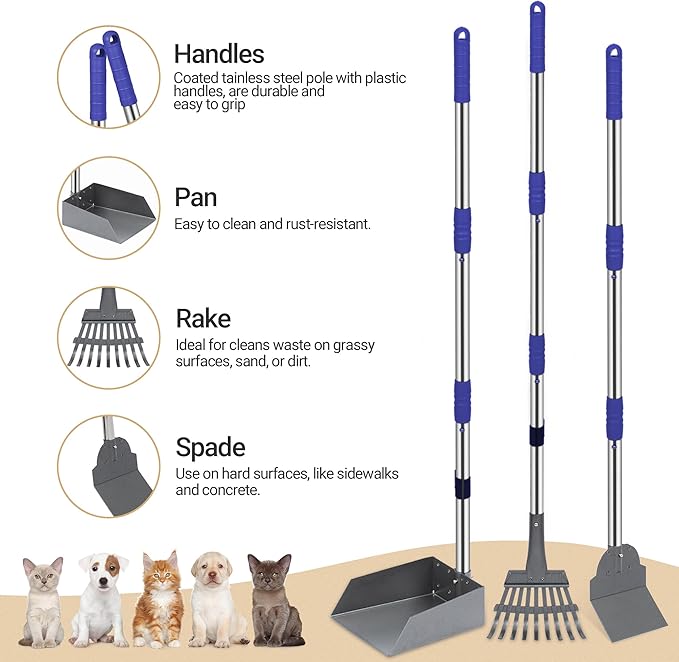 Heeyoo Dog Pooper Scooper, Dog Poop Tray and Rake Set, Pet Waste Removal Scoop with Long Adjustable Sectional Stainless Handles-Mewly Pet