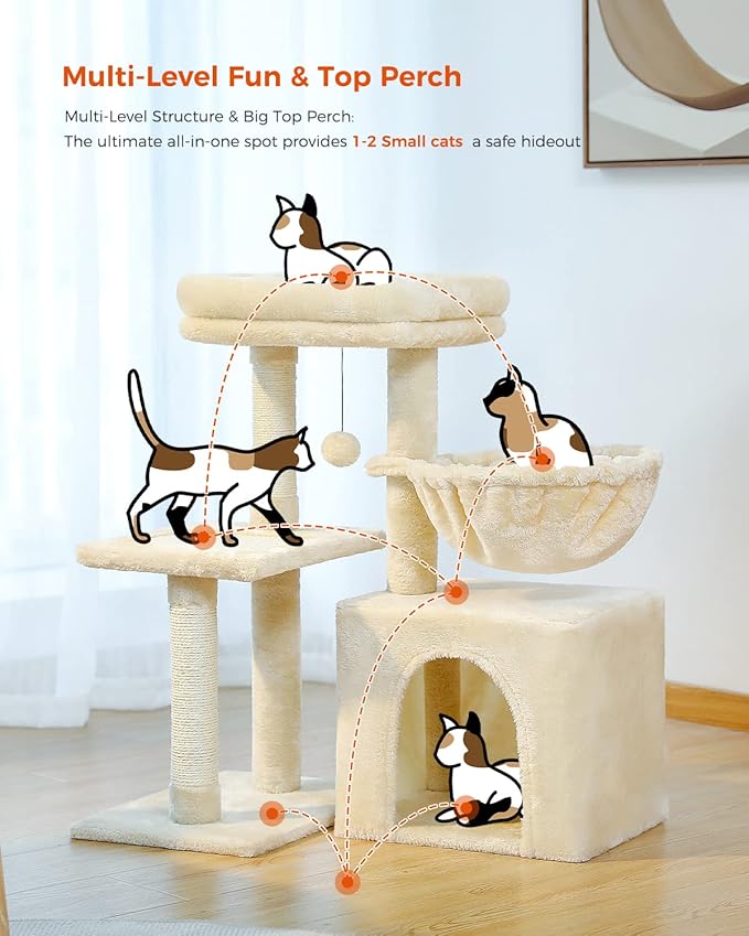 PEQULTI Small Cat Tree, [28.5''] Cat Tower for Indoor Cats, 2 Styles Activity Tree with Cat Scratching Posts, Big Hammock and Removable Top Perch Beige-Mewly Pet