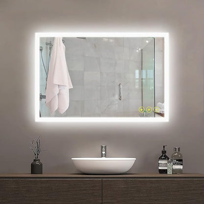 Wall-Mounted LED Square Bathroom Mirror, Makeup Mirror (36 inches x 24 inches,) 3 Color Stepless Dimmable Memory Bathroom Vanity Mirror with Lights CRI90+ 3000-6400K Smart Mirror with Touch