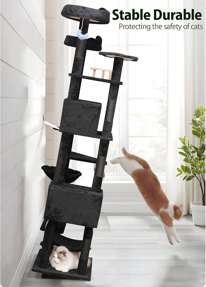 85inch Giant Cat Tree for Heavy Duty Big Cats, Multi-Level Luxury Cat Tower with Scratching Post, Cat Condo with Hammocks & Plush Perches for Indoor Cats Large Adult, Black-Mewly Pet