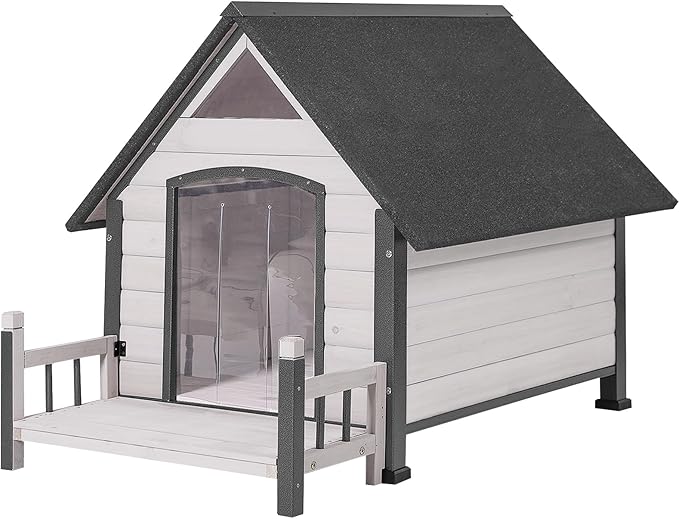 Aivituvin Dog House Outdoor with Metal Frame, Dog Kennel Outside for Small to Medium Breed, 45" Weatherproof Large Dog Shelter with Anti-Chewing Iron Frame, White (45" D x 32.9" W x 32.6" H)-Mewly Pet