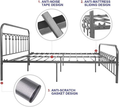 TUSEER Metal Bed Frame Queen Size with Vintage Headboard and Footboard Platform Base Wrought Iron Bed Frame Gray Silver (Queen, Gray Silver).