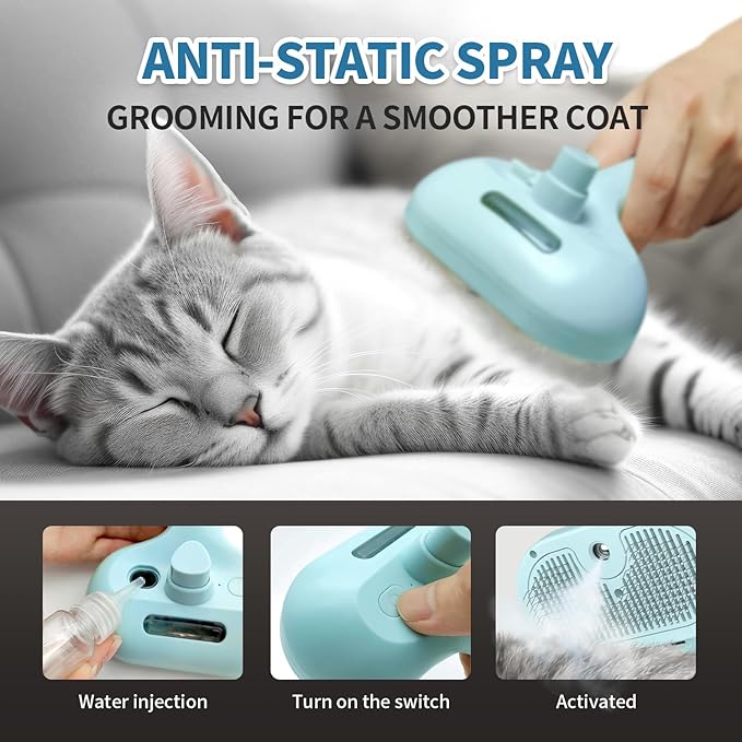 Spray Cat Brush for Shedding, Static & Tangled Hair - Self Cleaning, Long & Short Hair Pets Grooming Brush (Blue)-Mewly Pet