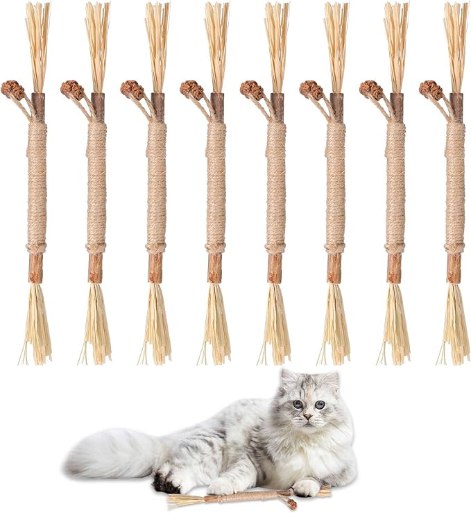 Silvervine Sticks for Cats 8 Pack Natural Cat Chew Toy Teeth Cleaning Edible Matatabi Dental Care Kitty Chew Sticks Catmint Cat Nip Treat Stick for Bored Indoor Kitty Calm Anxiety and Stress-Mewly Pet