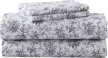Laura Ashley - Flannel Sheets Twin Size, Anti-Pilling & Wrinkle Resistant Cotton, Touchably Soft for All-Season Comfort - Bed Sheets with Matching Pillowcase & Fitted Sheet (Faye Toile Black)