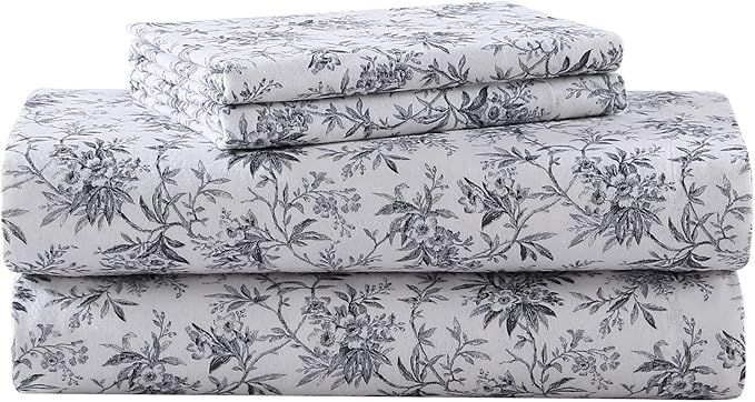 Laura Ashley - Flannel Sheets King Size, Anti-Pilling & Wrinkle Resistant Cotton, Touchably Soft for All-Season Comfort - Bed Sheets with Matching Pillowcases & Fitted Sheet (Faye Toile Black)