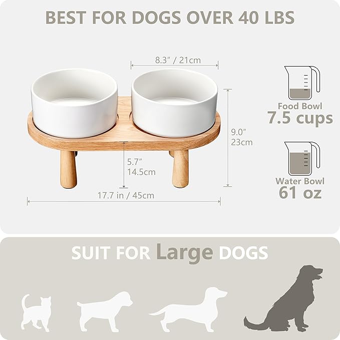 Ceramic Elevated Dog Bowls, Pet Food and Water Bowl Set for Large Dogs, 7.5 Cups Dog Bowls Raised with Wood Stand, 61OZ, White-Mewly Pet
