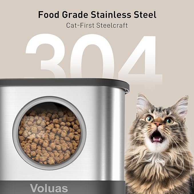 VOLUAS Automatic Cat Feeders for Two Cats,Stainless Steel 5L Pet Feeder for Cats and Dogs Timed Cat Feeder Pet Dry Food Dispenser, Silver Black-Mewly Pet