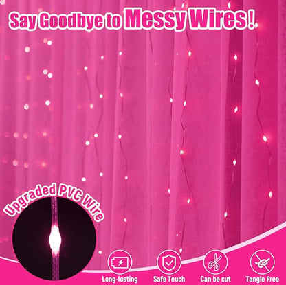 Pink Curtain Light with Untangled Wires for Bedroom, 300LED 9.8ft x 9.8ft Window Fairy Curtain String Light with 16 Hooks, 8 Models Remote Control for Wedding Party Home Garden Indoor Decor