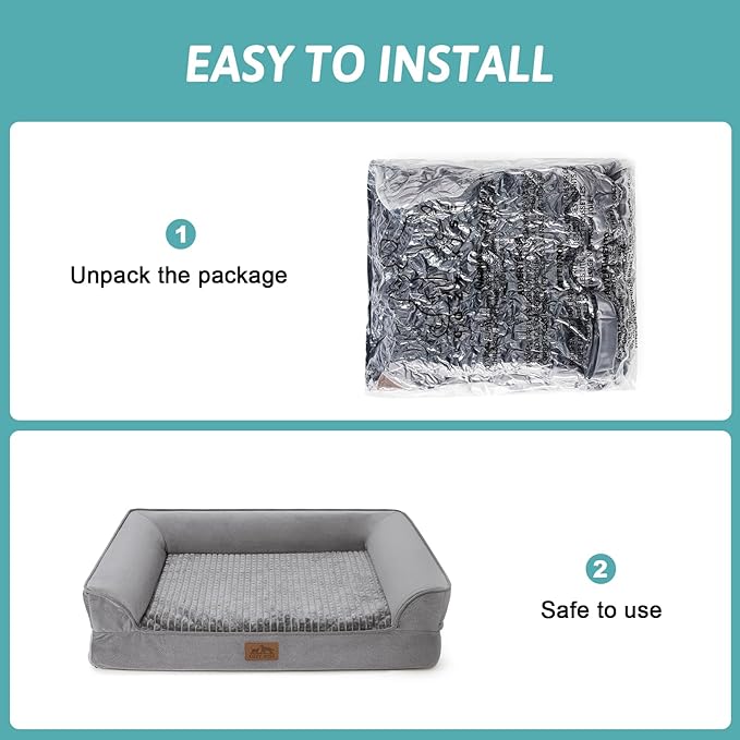 Orthopedic Dog Bed for Large Dog, Pet Couch for Medium Dog Cat, Big Supportive Foam Bolster Sofa with Waterproof Lining Cover, Anti-Slip, Comfort, Washable, 36x27x7.5 in, U Shape, Grey-Mewly Pet