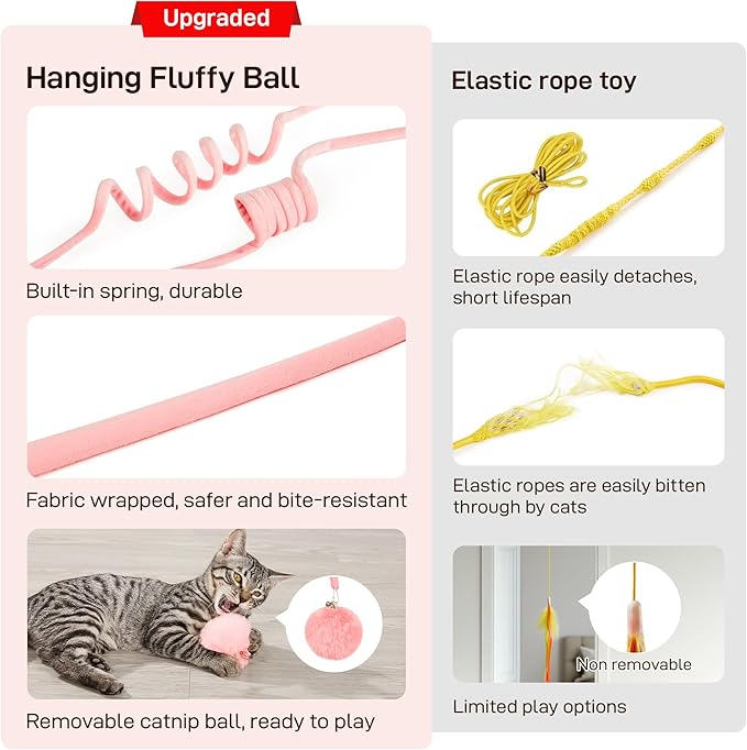 Potaroma Hanging Fluffy Cat Catnip Ball Toys 3 Pcs with Bell, Interactive Cat Teaser Retractable Toys Indoor Kitten Play Chase Exercise Physical Stimulation-Mewly Pet