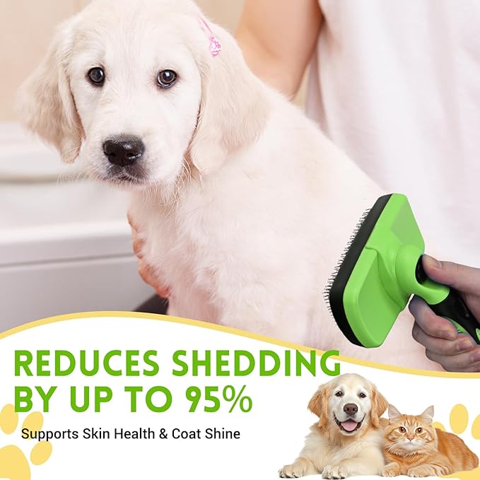 Large Self Cleaning Deshedding Brush for Dogs & Cats - One Button Hair Release Grooming Tool, Gentle Massage Brush for Long and Short Hair (Green)-Mewly Pet