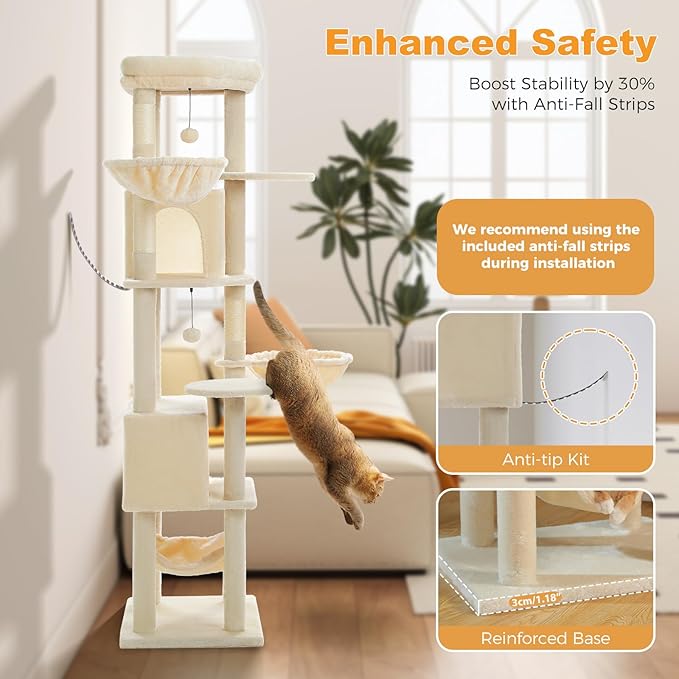 71.2" Tall Cat Tree for Indoor Cats - 9-Level Multi-Cat Tower w/5 Sisal Scratching Posts, 2 Condos, 3 Hammocks, Perch & Pom Poms - Heavy-Duty for Adult Cats, Space-Saving Plush Beige-Mewly Pet