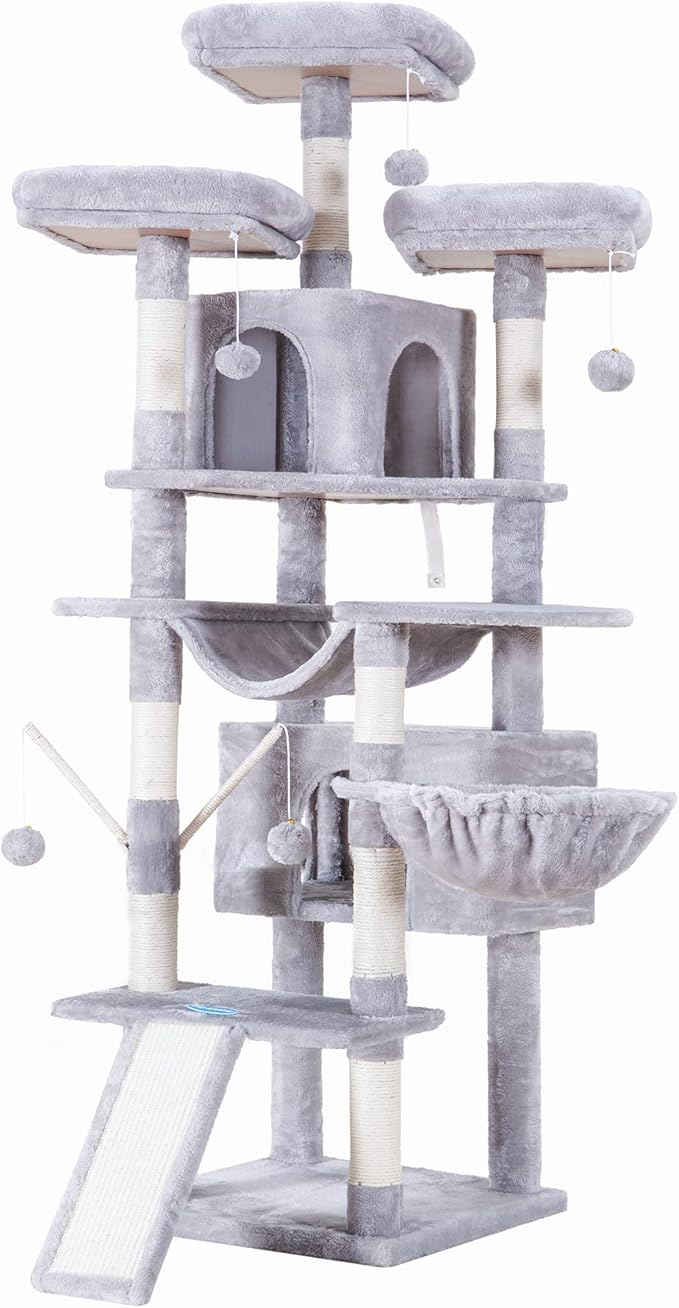 Hey-brother Cat Tree, 71 inches XL Large Cat Tower for Indoor Cats, Multi-Level Cat House with 3 Padded Perches, Big Scratcher, Cozy Basket, 2 Cat Condos and Scratching Posts, Light Gray MPJ034W-Mewly Pet