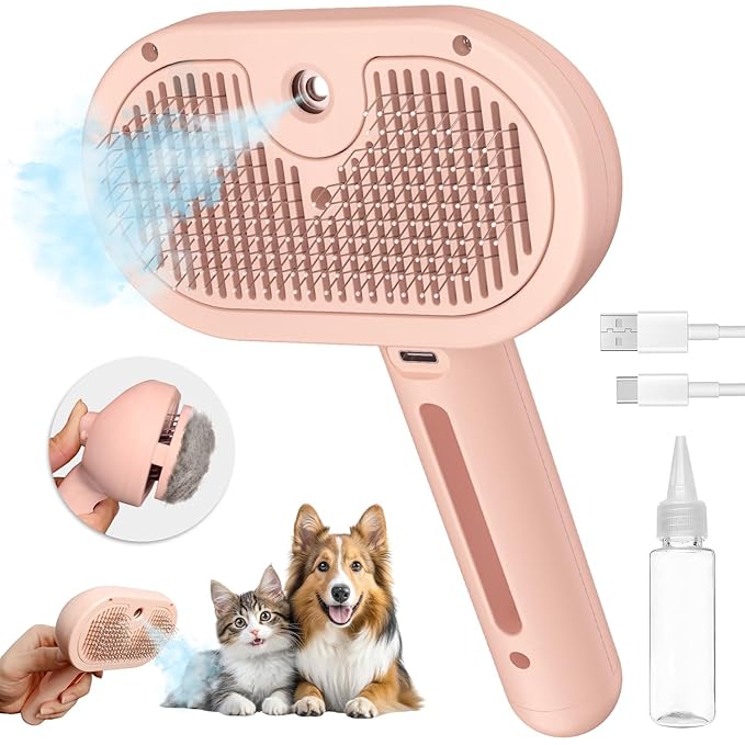 3-in-1 Steam Brush with Release Button and Tank, Anti-Static Pet Brush for Long and Short Hair - Removes Tangles and Loose Hair (Pink)-Mewly Pet