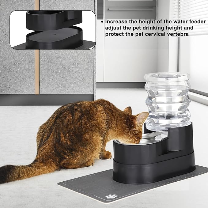 RIZZARI Automatic Cat Water Dispenser: Black 5L Elevated Feeder - Stainless Steel Gravity Bowl - Leakproof Base for Indoor Pets-Mewly Pet