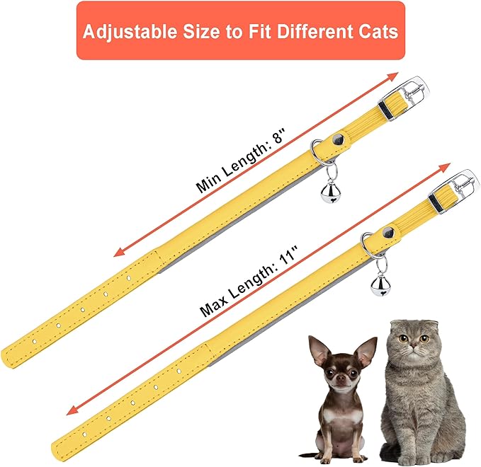 OOPSDOGGY Rolled Leather Cat Collar with Bell, Reflective Kitten Collars with Buckle Include Safety Elastic Strap - Adjustable Small Pet Collars for Boy Girl Cats (Yellow)-Mewly Pet
