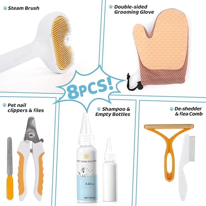 Pet Steam Brush for Dog & Cat – 3-in-1 Spray Hair Removal Comb for Shedding & Grooming Shedding Glove, Flea Comb, Couch Carpet Hair Removal Tool, Nail Toenail Clippers Nail File Shampoo-8PCS-Mewly Pet