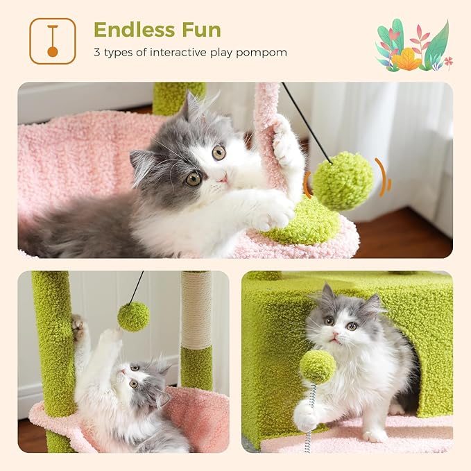 PEQULTI 4-in-1 Multi-Level Cat Tower, 33'' Pink Cat Tree for Indoor Cats with Large Condo, Scratching Post for Cats with Deep Hammock& Cozy Top Perch-Mewly Pet