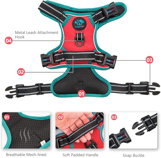 PHOEPET 2019 Upgraded No Pull Dog Harness, Reflective Adjustable Vest, with a Training Handle + 2 Metal Leash Hooks+ 3 Snap Buckles +4 Slide Buckles(S, Red)-Mewly Pet