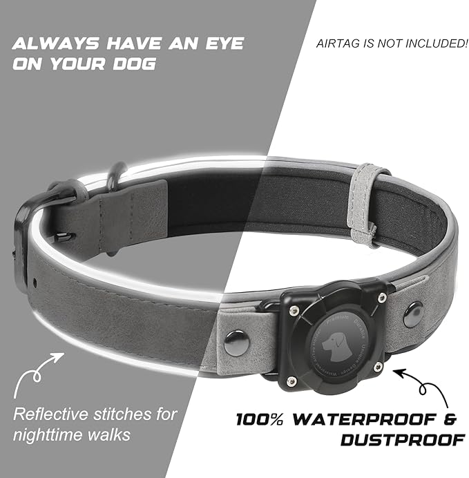 AirTag Dog Collar - Leather Dog Collar with Air Tag Holder | IPX8 Waterproof, Reflective, High - End, Adjustable Soft Padded | Dog GPS Tracker Collars Fit for Medium Large Dogs (Grey, M)-Mewly Pet