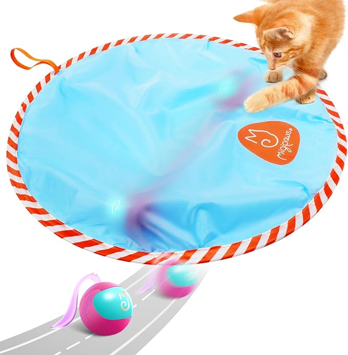 Migipaws Interactive Cat Ball Toy Set, Fun Tracker, Glowing Chase Ball with MystiChaser Pouch, Fluffy Tail, Small Mouse – Cat Toys for Bored Indoor Cats(Rose)-Mewly Pet